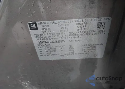 2012 Cadillac Srx Performance Collection from USA, damaged, VIN 3GYFNBE34CS589815